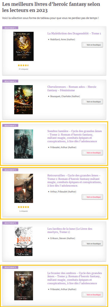 Les 3 tomes du cycle des grandes âmes sont classés parmi les 10 meilleurs livres d'heroic fantasy selon les lecteurs 2023